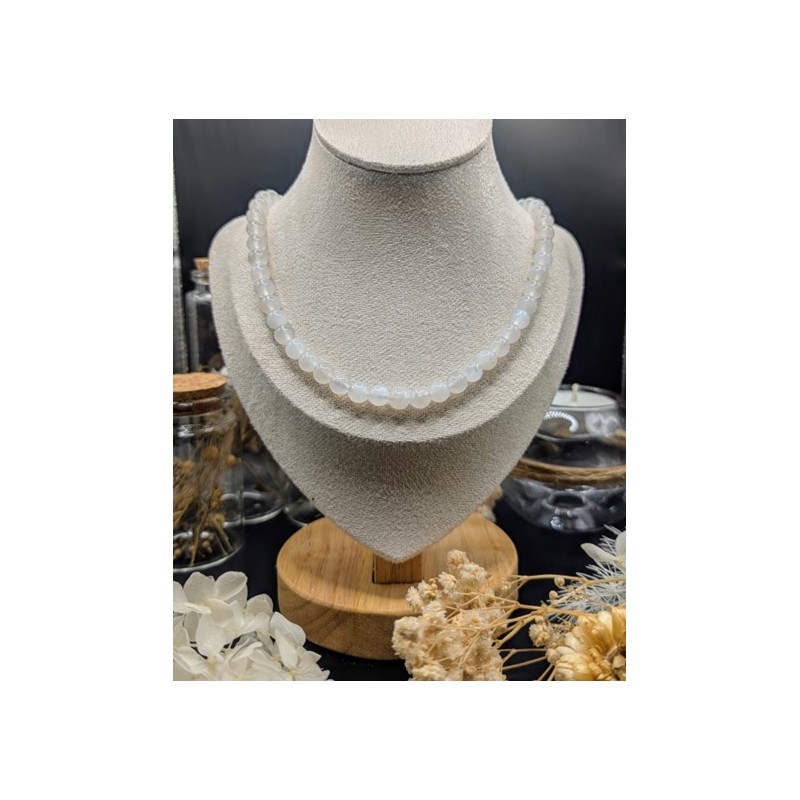 Collier Boule en Pierre de Lune Bleutée – Attache Bouée